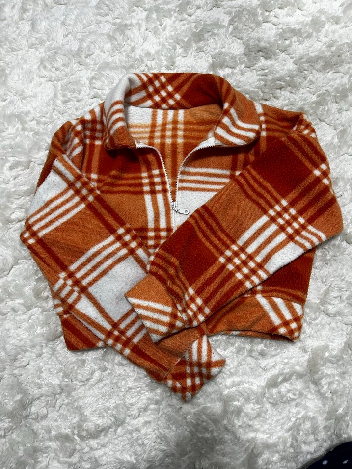 Turuncu Ekose Peluş Kadın Mont - Görsel 3