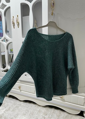 Bohem Tarzı Yeşil Örgü Düşük Omuz Kadın Kazak - Görsel 2