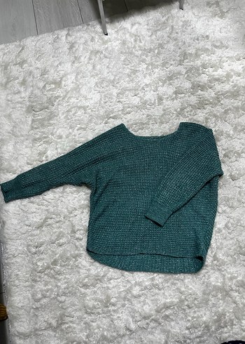 Bohem Tarzı Yeşil Örgü Düşük Omuz Kadın Kazak - Görsel 4