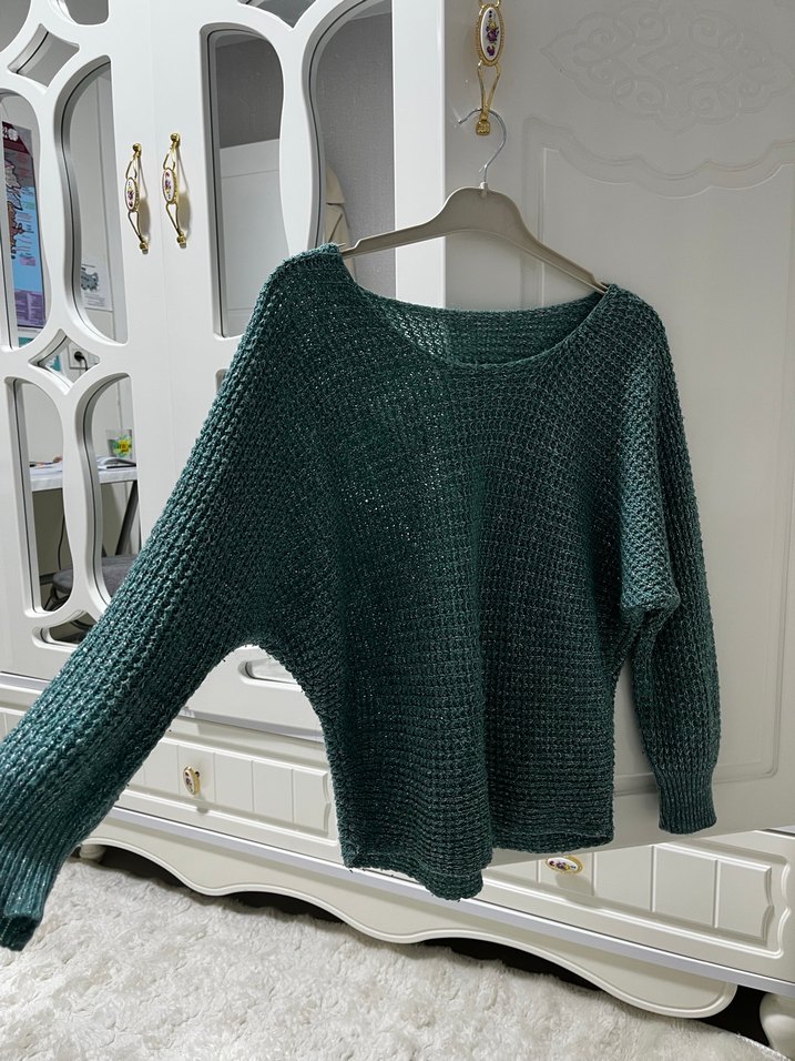 Bohem Tarzı Yeşil Örgü Düşük Omuz Kadın Kazak - Görsel 2