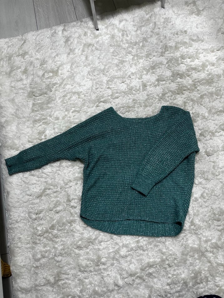 Bohem Tarzı Yeşil Örgü Düşük Omuz Kadın Kazak - Görsel 4