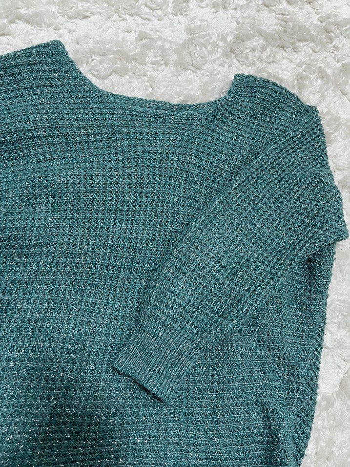 Bohem Tarzı Yeşil Örgü Düşük Omuz Kadın Kazak - Görsel 3