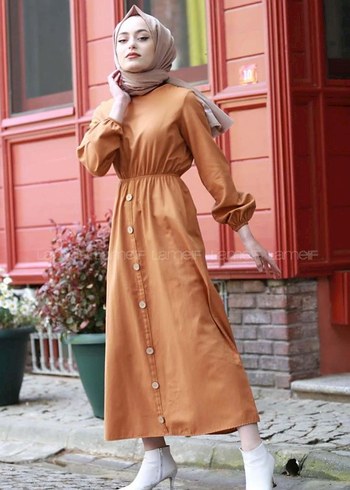 Düğmeli Camel Uzun Kollu Salaş Elbise - Görsel 2