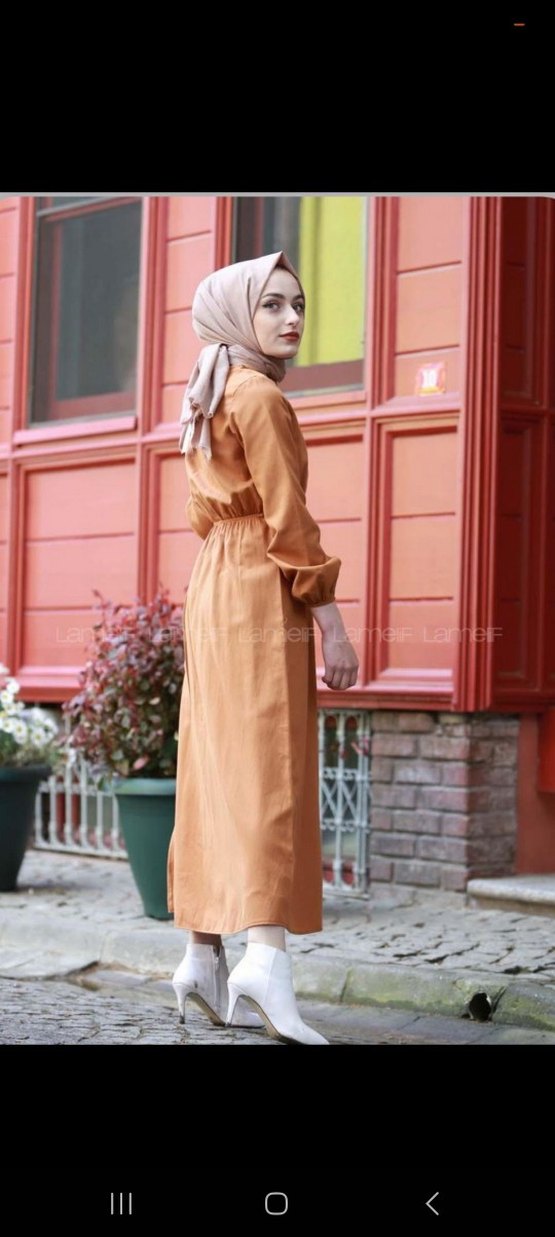 Düğmeli Camel Uzun Kollu Salaş Elbise - Görsel 3