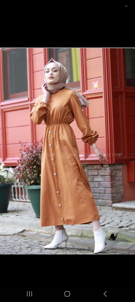 Düğmeli Camel Uzun Kollu Salaş Elbise - Görsel 2