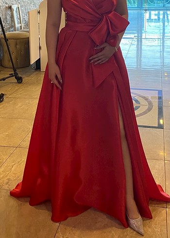 Kırmızı Drapeli Straplez Uzun Abiye Elbise - Görsel 3