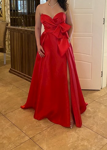 Kırmızı Drapeli Straplez Uzun Abiye Elbise - Görsel 2