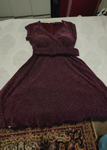 Bordo V Yakalı Midi Elbise - Görsel 2