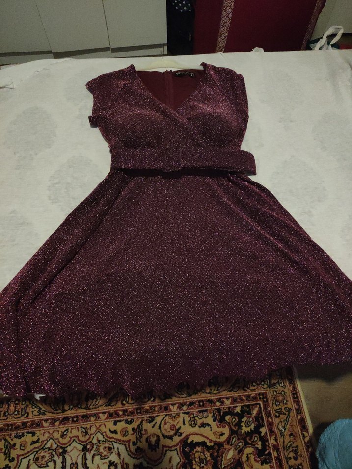 Bordo V Yakalı Midi Elbise - Görsel 2