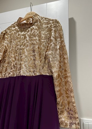 Uzun Mor Parlak Desenli Kadın Abiye Elbise - Görsel 2