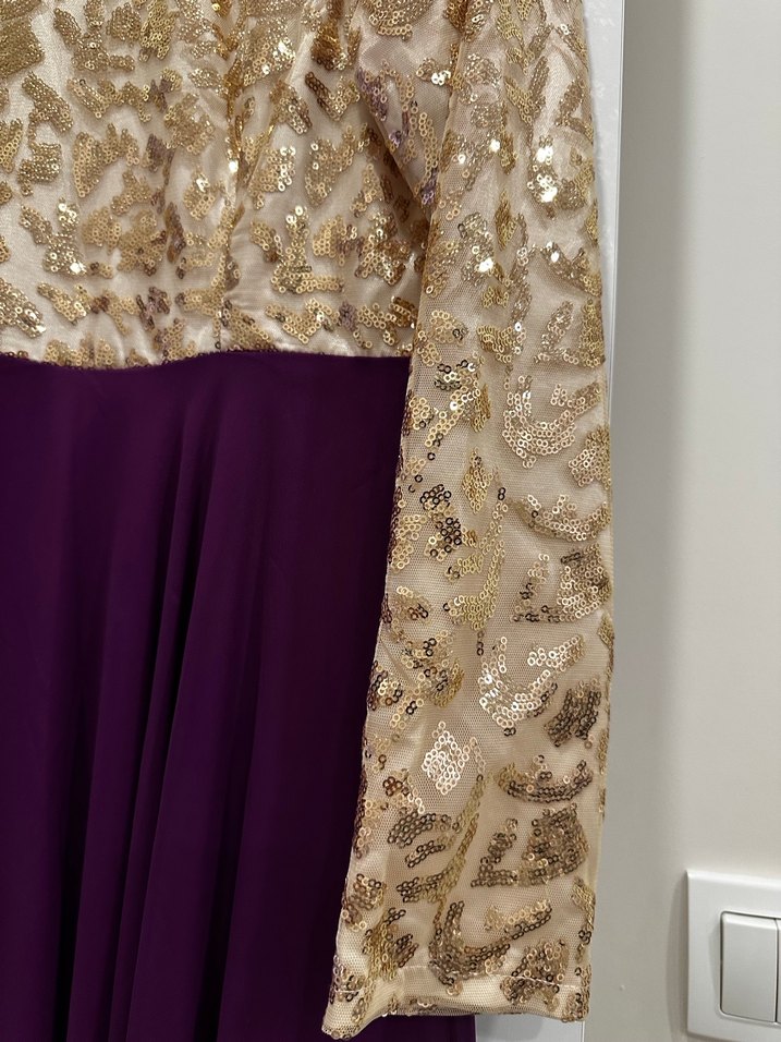 Uzun Mor Parlak Desenli Kadın Abiye Elbise - Görsel 3