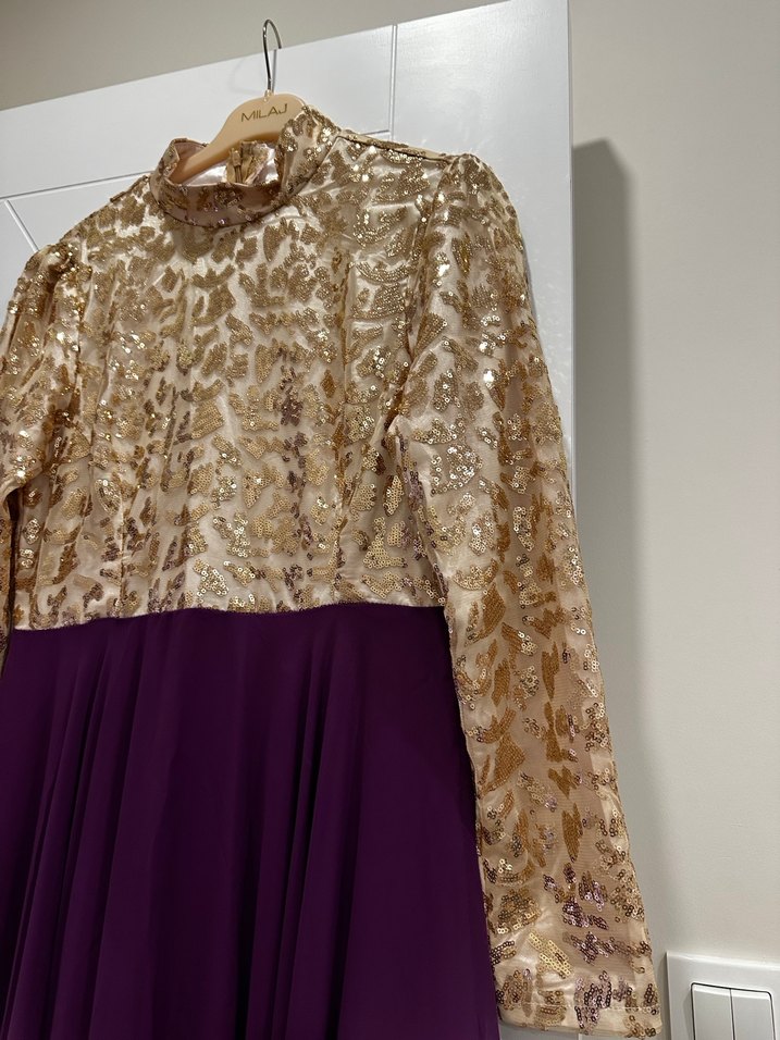 Uzun Mor Parlak Desenli Kadın Abiye Elbise - Görsel 2