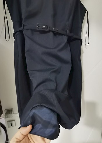 Lacivert V Yakalı Kemerli Midi Elbise - Görsel 5