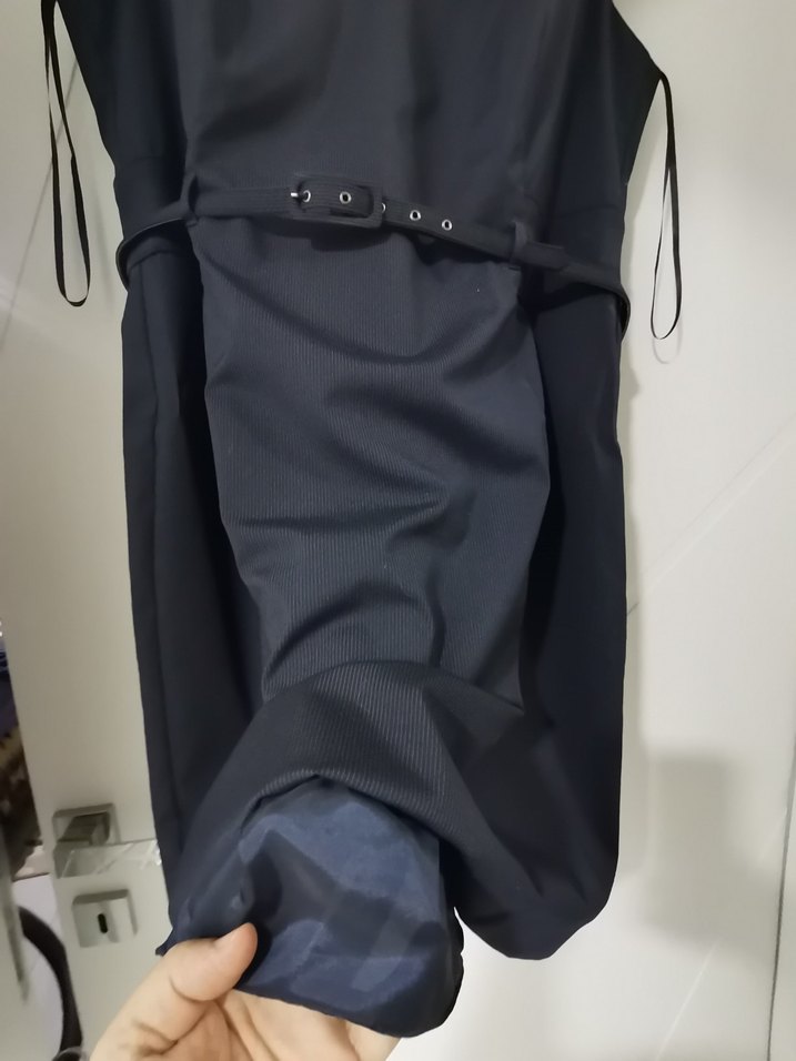 Lacivert V Yakalı Kemerli Midi Elbise - Görsel 5