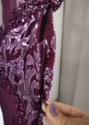 Leonessa Mor Uzun Dantel Detaylı Abiye Elbise - Görsel 8