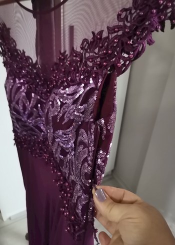 Leonessa Mor Uzun Dantel Detaylı Abiye Elbise - Görsel 6