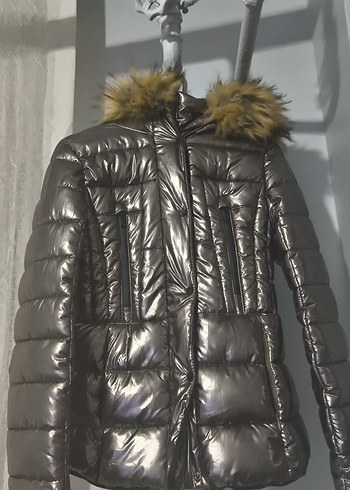 Gri Parlak Kürklü Kadın Kışlık Mont - Görsel 2