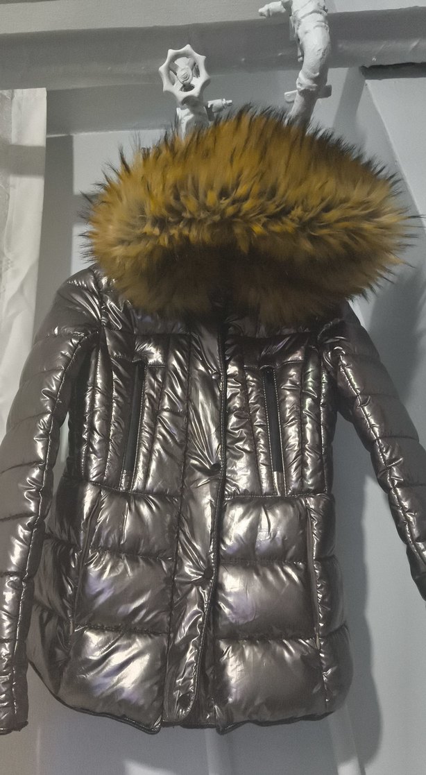 Gri Parlak Kürklü Kadın Kışlık Mont - Görsel 4