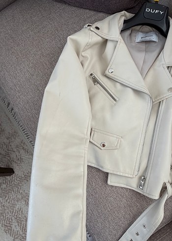 Stradivarius Bej Deri Ceket, Fermuarlı, Midi Boy - Görsel 5