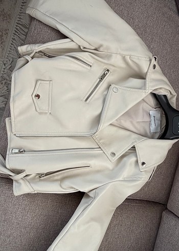 Stradivarius Bej Deri Ceket, Fermuarlı, Midi Boy - Görsel 3