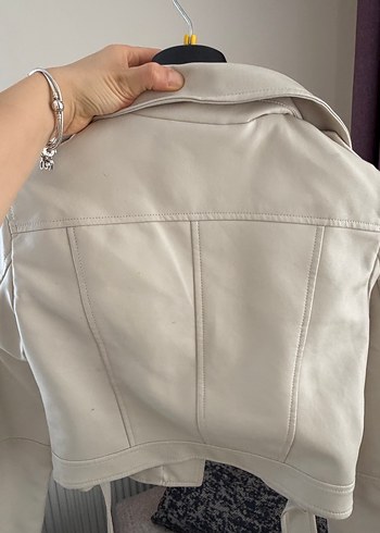 Stradivarius Bej Deri Ceket, Fermuarlı, Midi Boy - Görsel 4