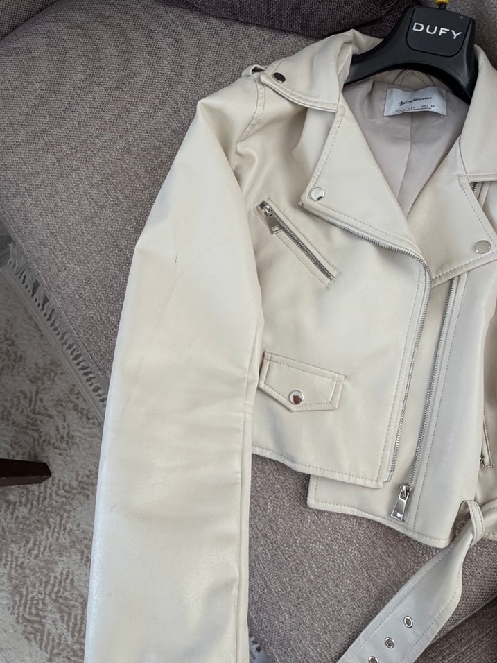 Stradivarius Bej Deri Ceket, Fermuarlı, Midi Boy - Görsel 5