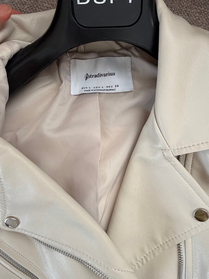 Stradivarius Bej Deri Ceket, Fermuarlı, Midi Boy - Görsel 2