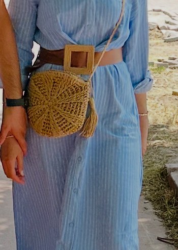 Mavi Çizgili Kemerli Uzun Elbise - Görsel 2