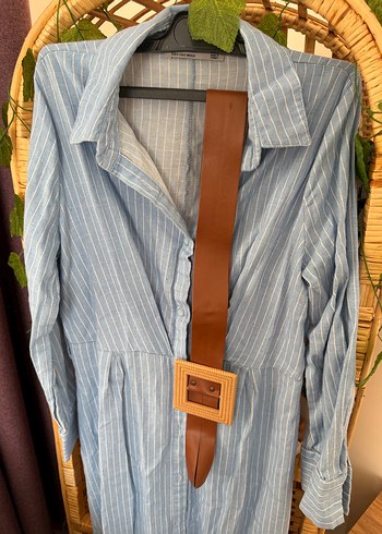 Mavi Çizgili Kemerli Uzun Elbise - Görsel 5