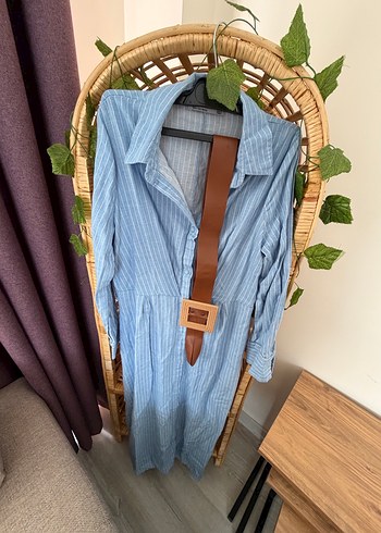 Mavi Çizgili Kemerli Uzun Elbise - Görsel 3