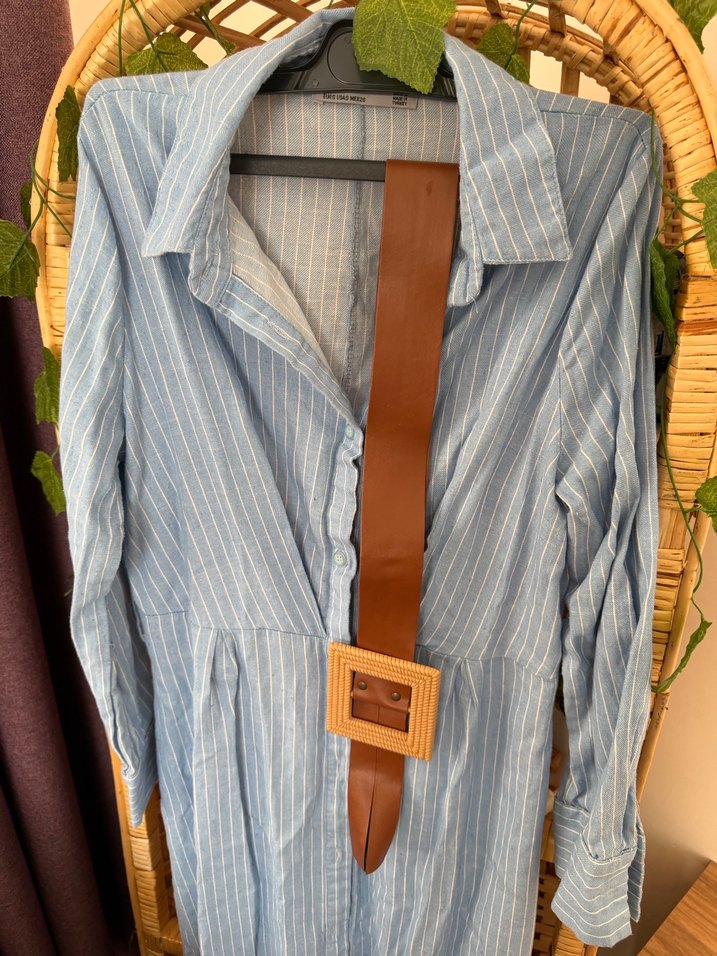 Mavi Çizgili Kemerli Uzun Elbise - Görsel 5