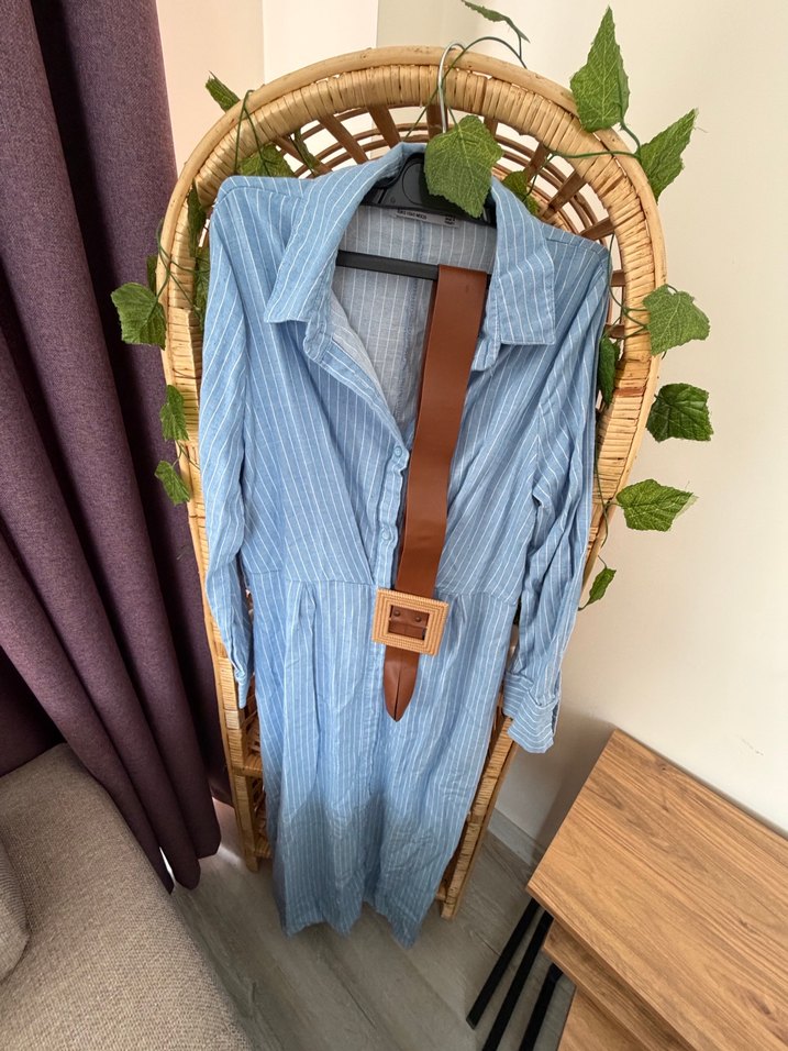 Mavi Çizgili Kemerli Uzun Elbise - Görsel 3