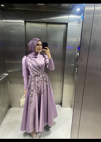 Uzun Kollu Mor Tesettür Nişan Elbisesi - Görsel 2