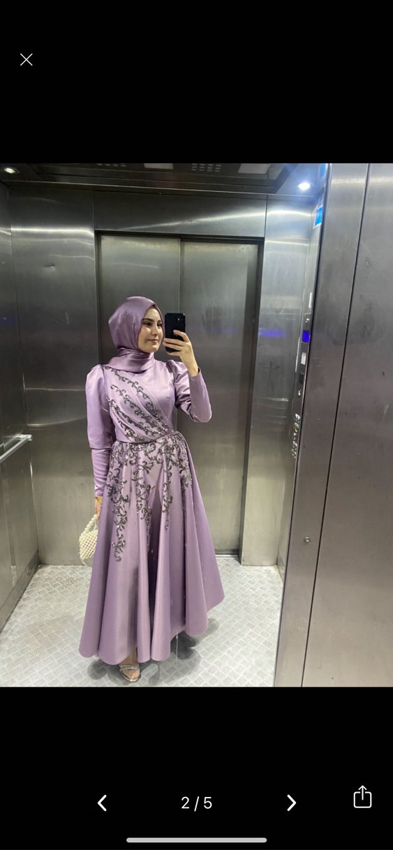 Uzun Kollu Mor Tesettür Nişan Elbisesi - Görsel 2