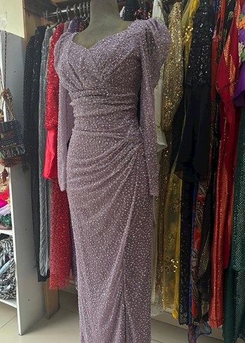 Uzun Kollu V Yakalı Mor Abiye Elbise - Görsel 2