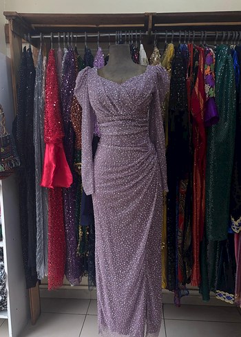 Uzun Kollu V Yakalı Mor Abiye Elbise - Görsel 3