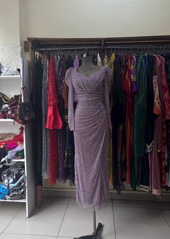 Uzun Kollu V Yakalı Mor Abiye Elbise - Görsel 4