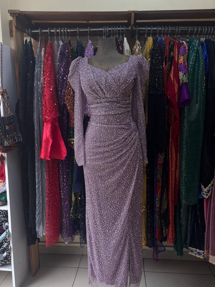 Uzun Kollu V Yakalı Mor Abiye Elbise - Görsel 3