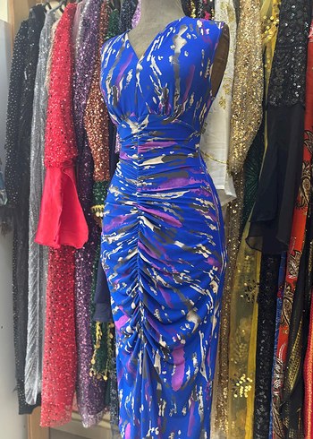 Mavi Drapeli Bağlamalı Midi Boy Elbise - Görsel 4