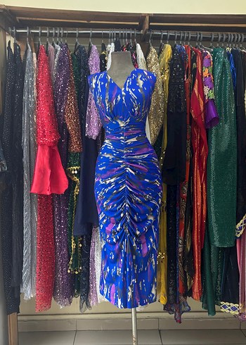 Mavi Drapeli Bağlamalı Midi Boy Elbise - Görsel 5