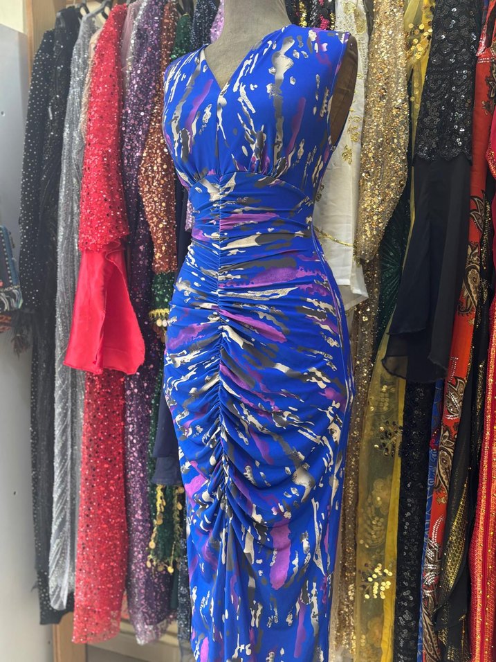 Mavi Drapeli Bağlamalı Midi Boy Elbise - Görsel 4