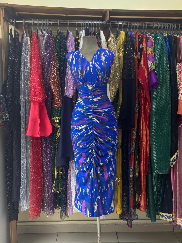 Mavi Drapeli Bağlamalı Midi Boy Elbise - Görsel 5