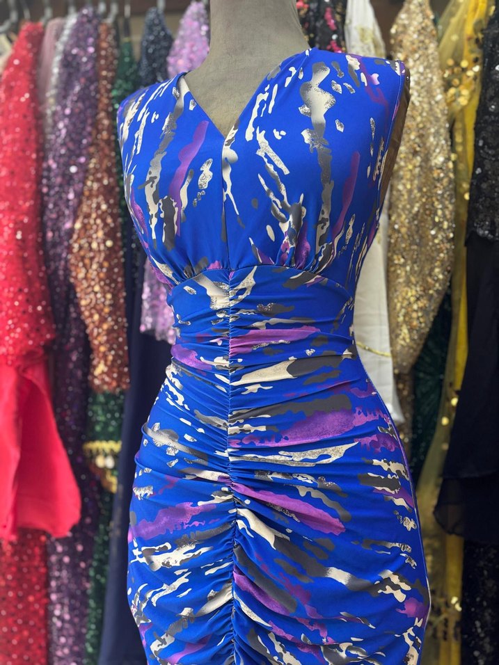 Mavi Drapeli Bağlamalı Midi Boy Elbise - Görsel 3