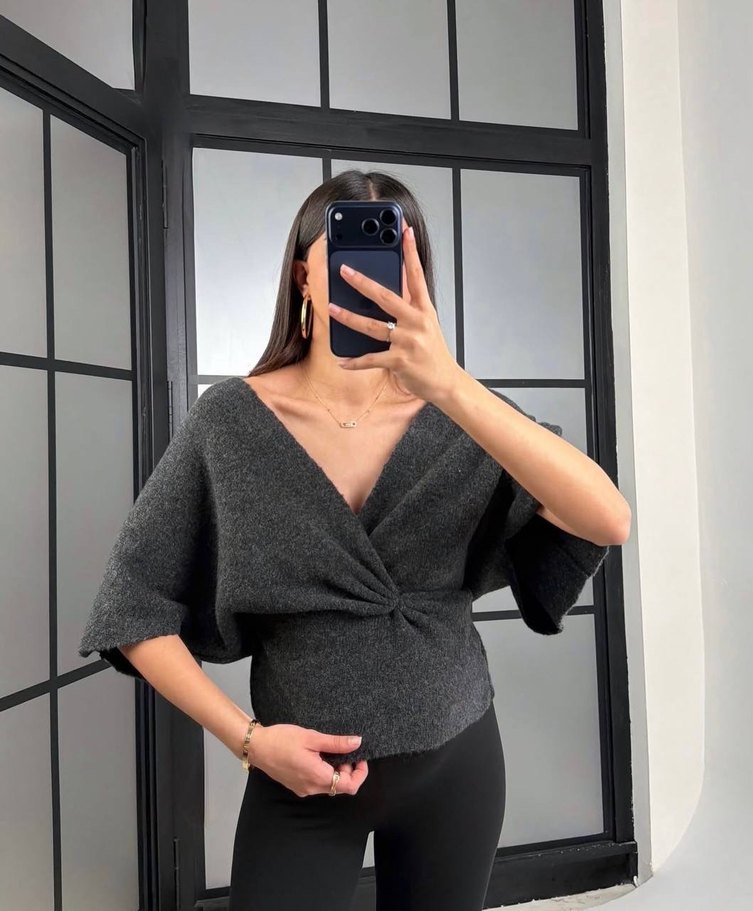 Füme Kruvaze Zara Model Triko - Görsel 3