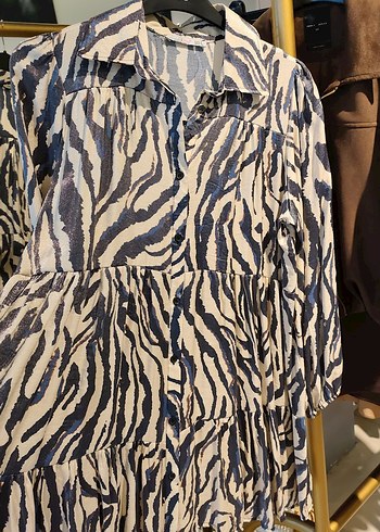 Zebra Desenli Uzun Kollu V Yaka Tunik/Gömlek Elbise - Görsel 2