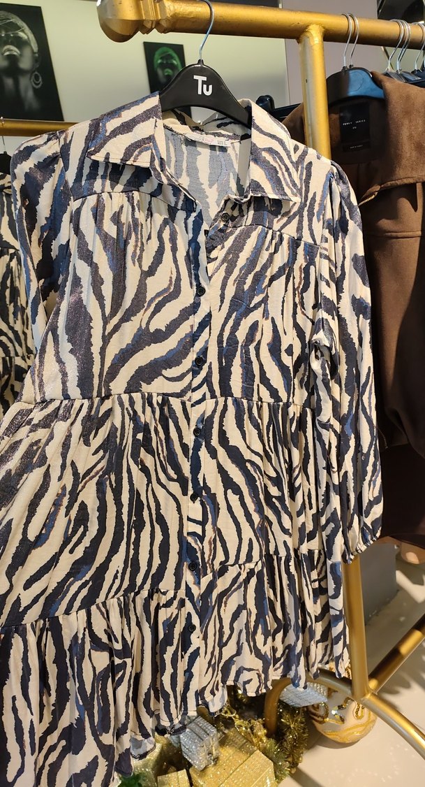 Zebra Desenli Uzun Kollu V Yaka Tunik/Gömlek Elbise - Görsel 2