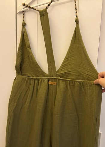 Haki Uzun Keten Askılı Bohem Tulum - Görsel 4