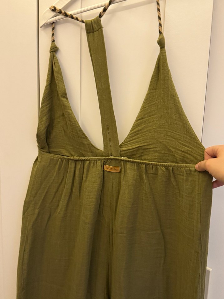 Haki Uzun Keten Askılı Bohem Tulum - Görsel 4