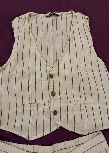 Bej Çizgili Keten Mini Kadın Yelek - Görsel 2