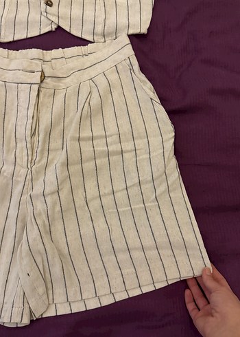 Bej Çizgili Keten Mini Kadın Yelek - Görsel 3